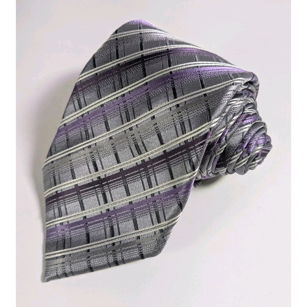Alfani Hand Finished 100% SILK Men's Designer Geometric Silver Tie 59"X 3.25"‎